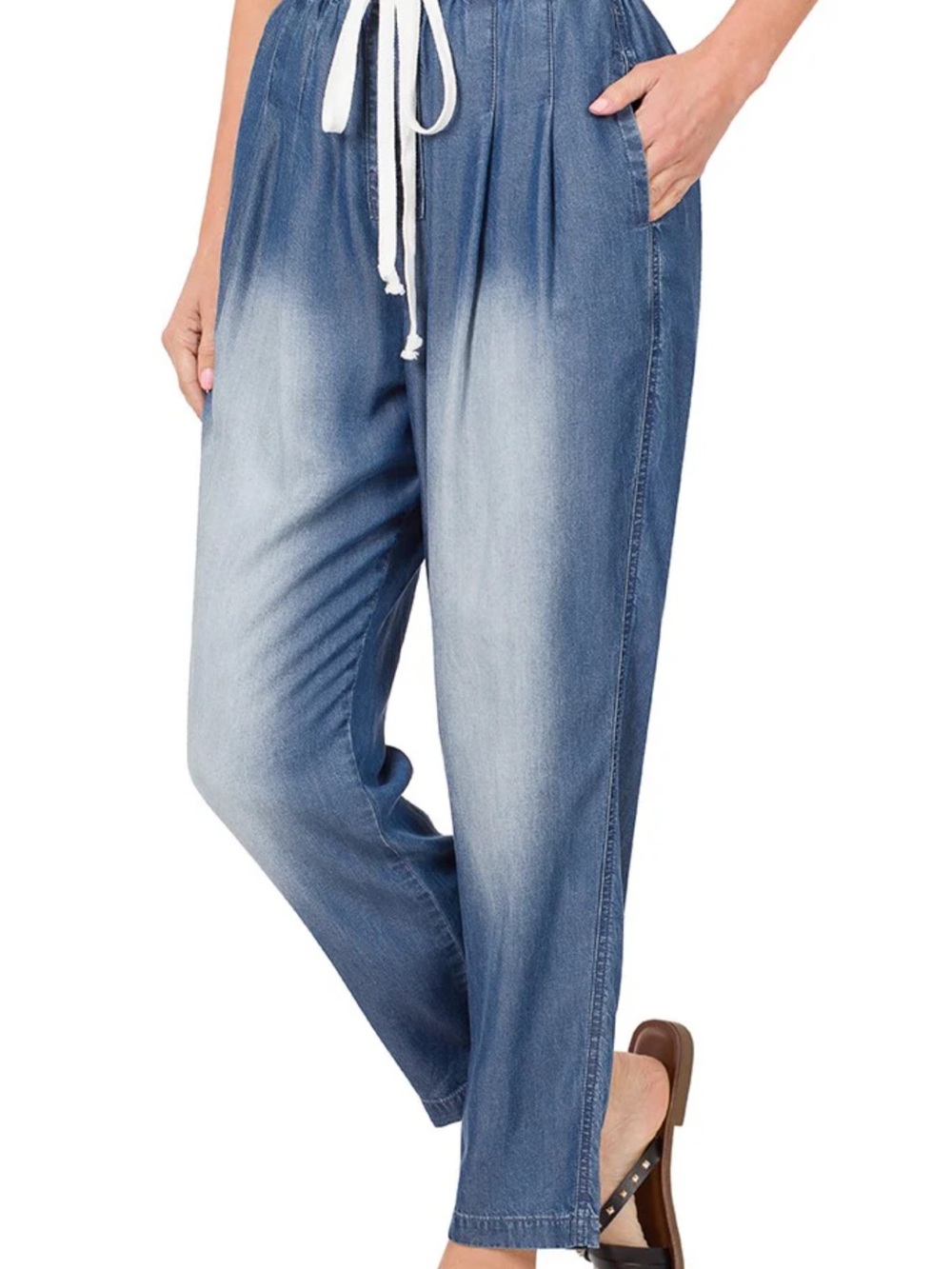 Zenana Outfitters Light Blue Washed Boyfriend Jeans with Drawstring